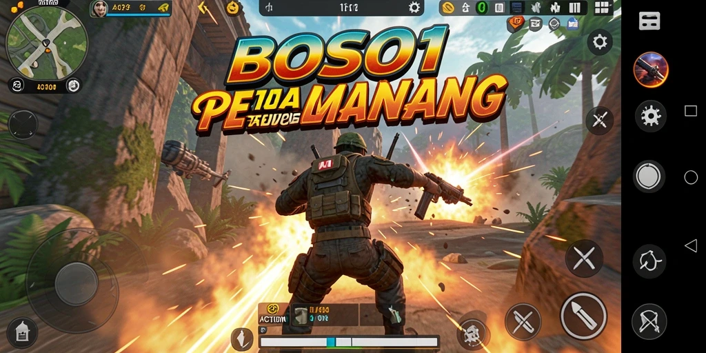 Screenshot antarmuka BOS01 menampilkan aksi seru dalam pertempuran.