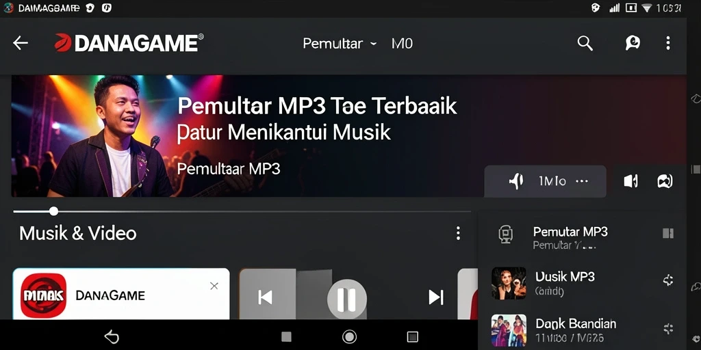 Screenshot antarmuka aplikasi Pemutar MP3 DANAGAME yang modern dan user-friendly.