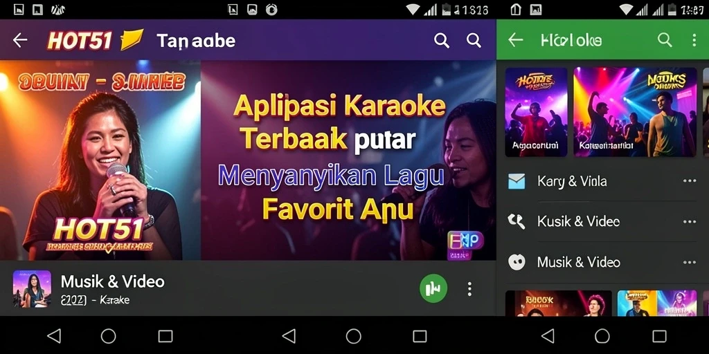 Tampilan antarmuka aplikasi HOT51 dengan berbagai fitur karaoke.