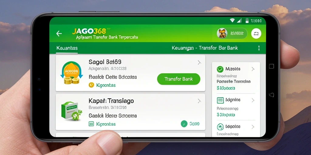 Antarmuka utama aplikasi JAGO368 menunjukkan fungsi Transfer Bank yang sederhana.