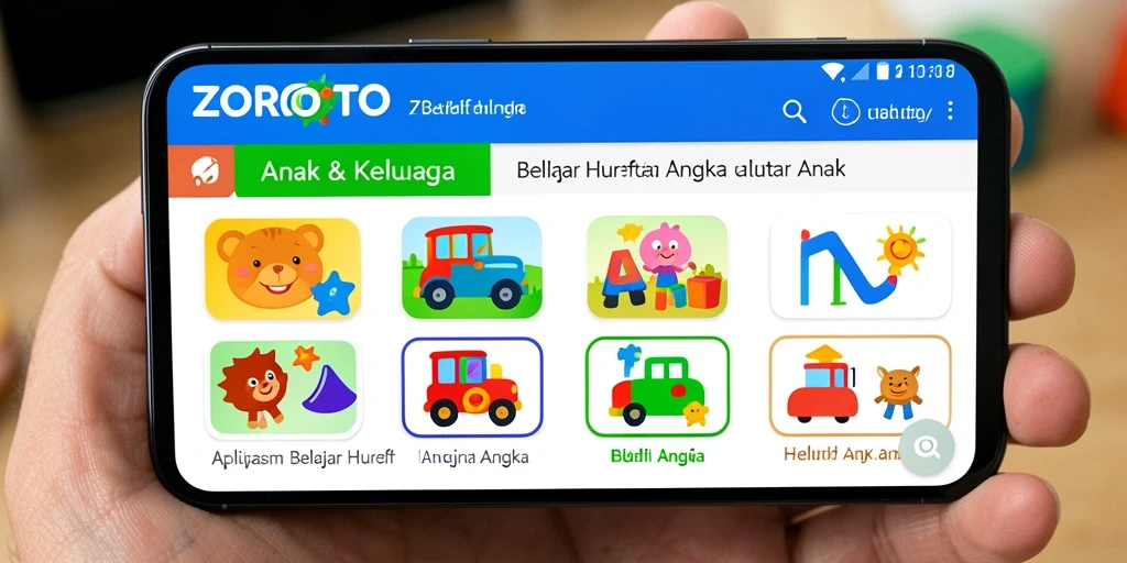 Tampilan antarmuka ZOROTOTO yang menarik dan ramah anak untuk belajar huruf dan angka.